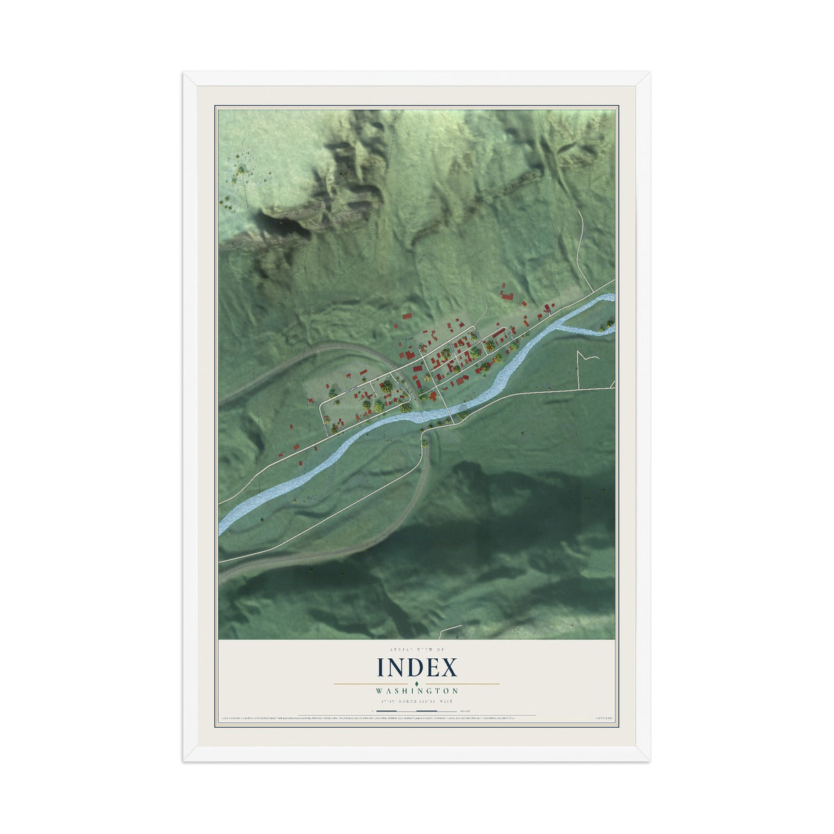 Map of Index, Washington, 12 x 18 inch print in a white wood frame