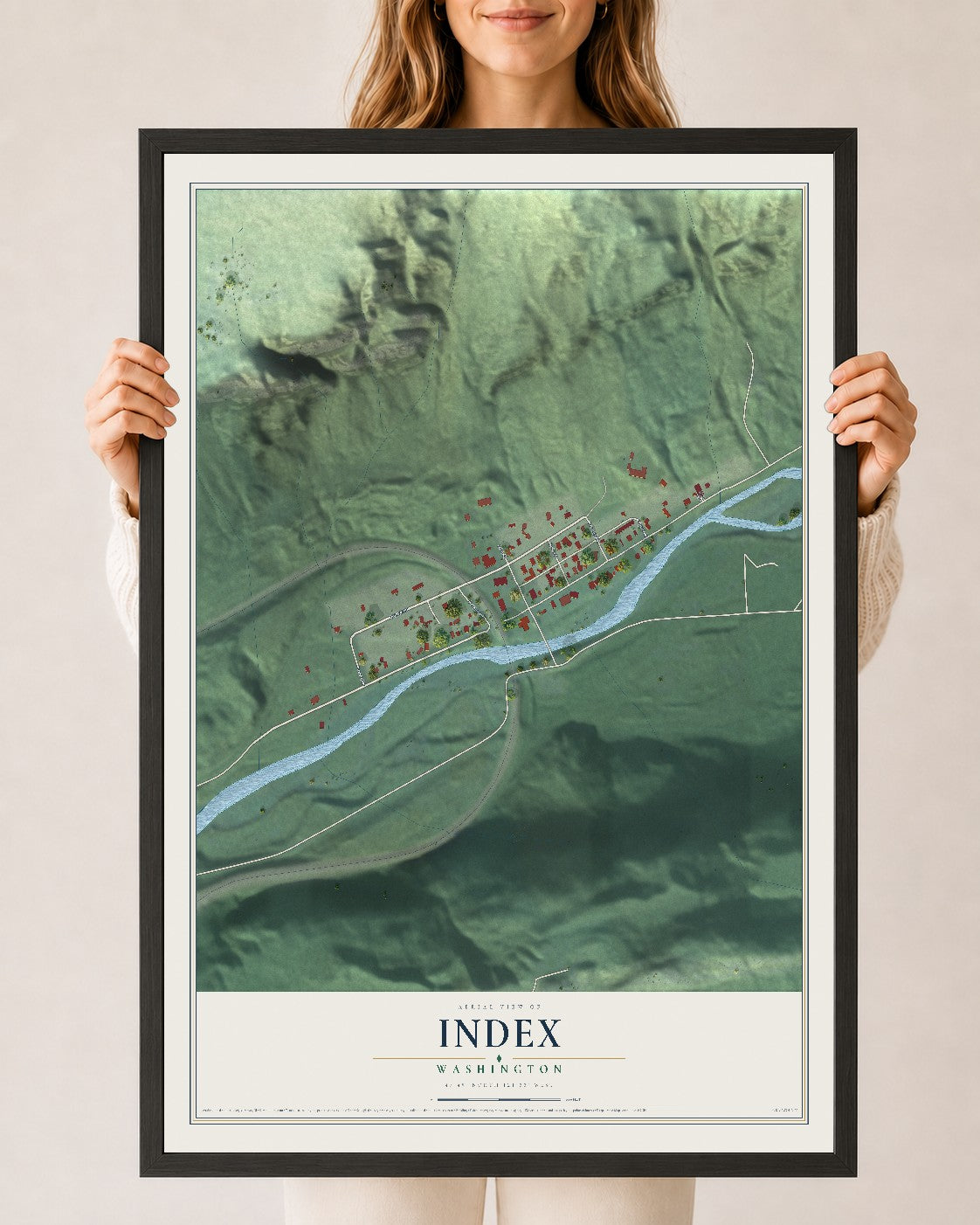 Map of Index, Washington, 24 x 36 inch print in a black wood frame