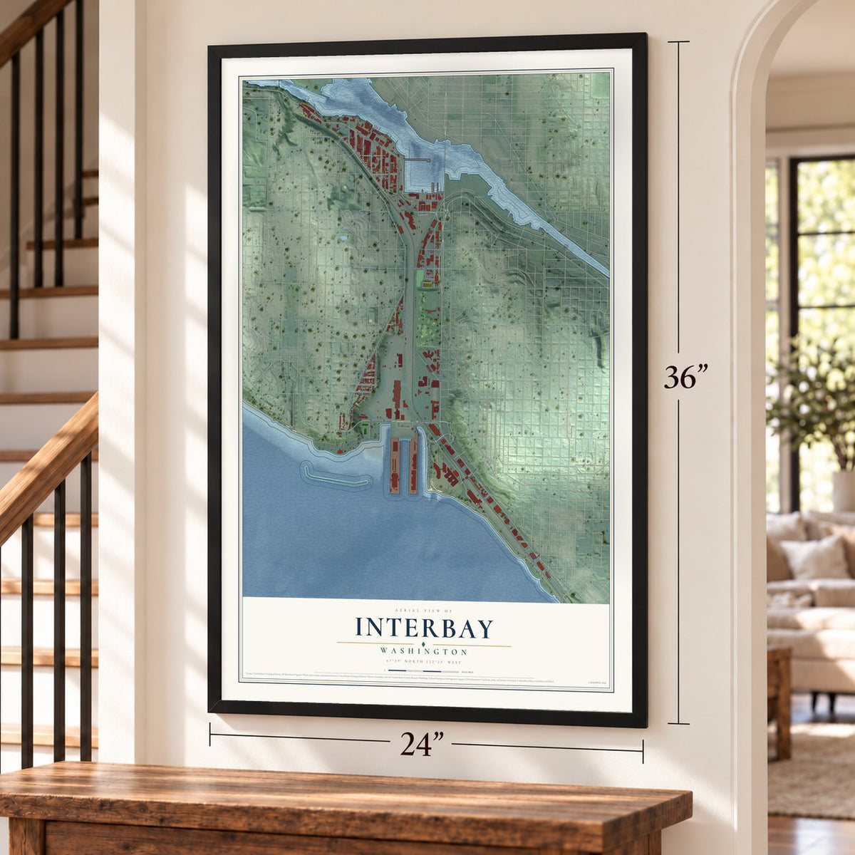 Interbay, Washington map, 24 x 36 inch print in a black frame by a staircase