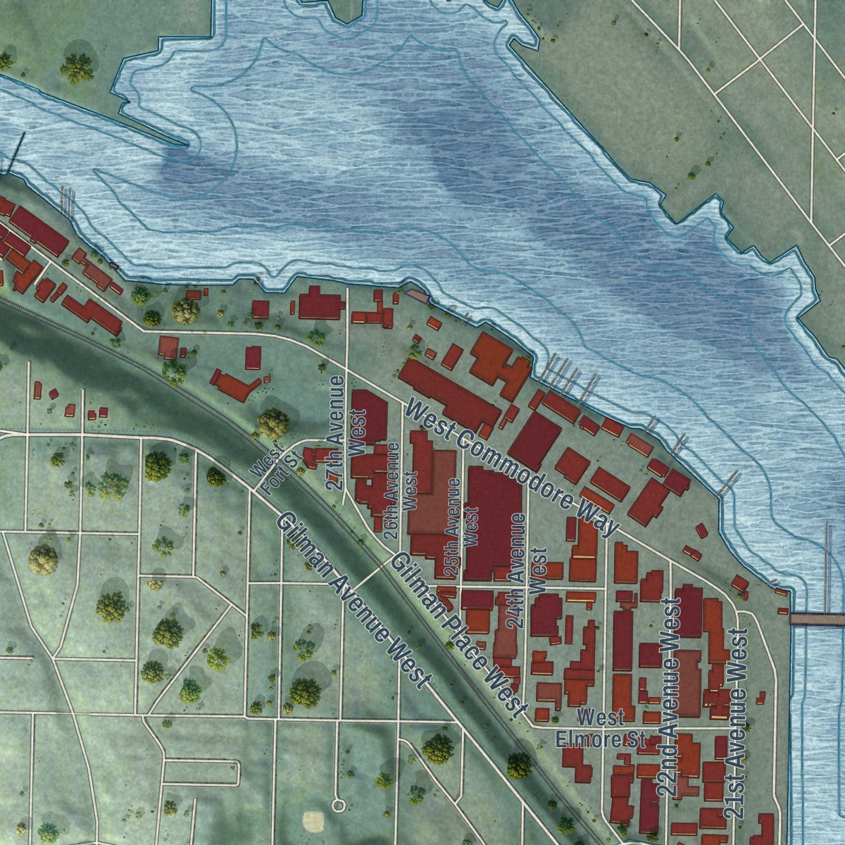 Close-up of the map of Interbay, Washington print showing street and building detail