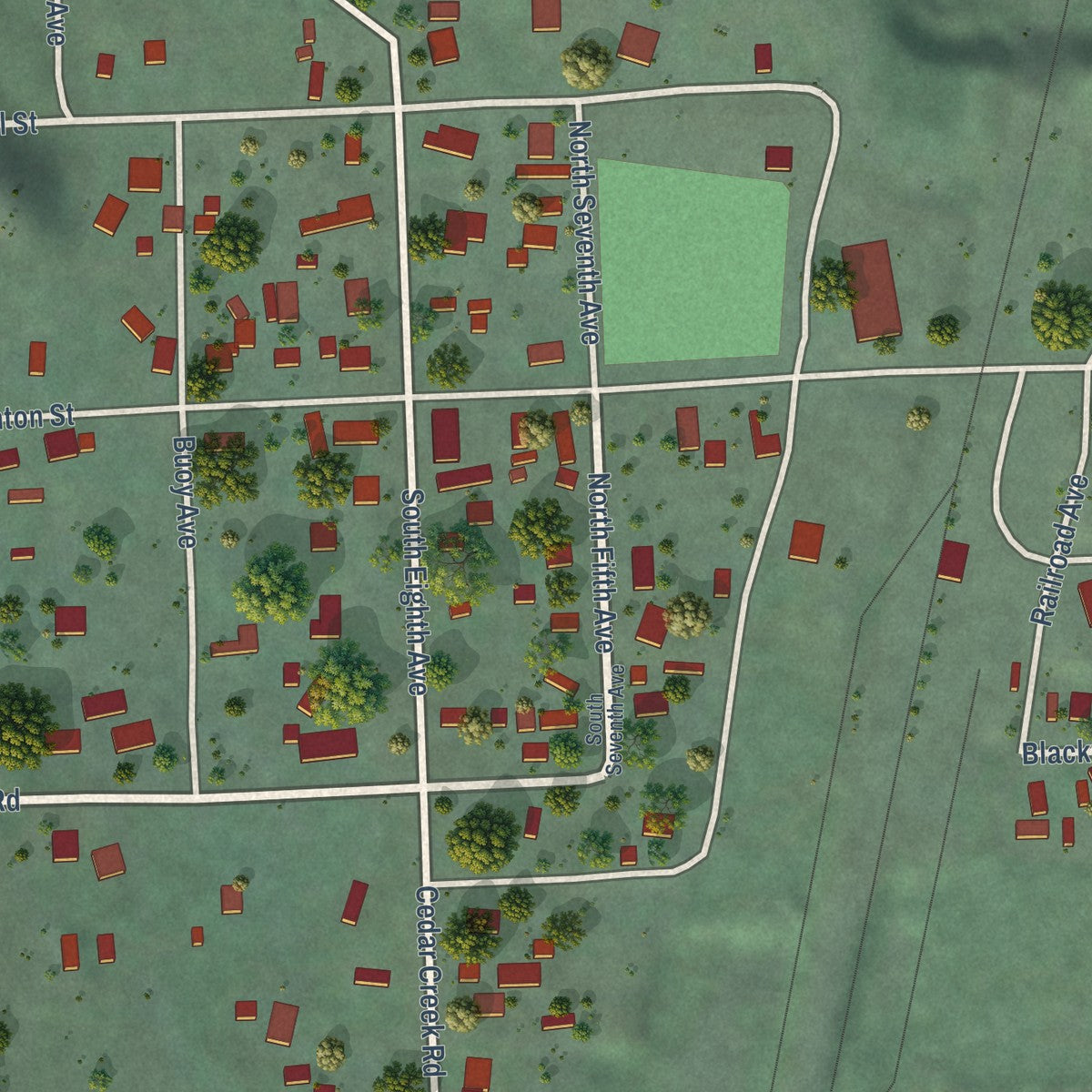 Second close-up of the map of Ione, Washington print showing more streets and buildings