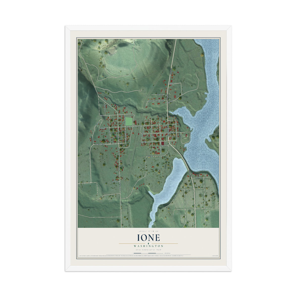 Map of Ione, Washington, 12 x 18 inch print in a white wood frame