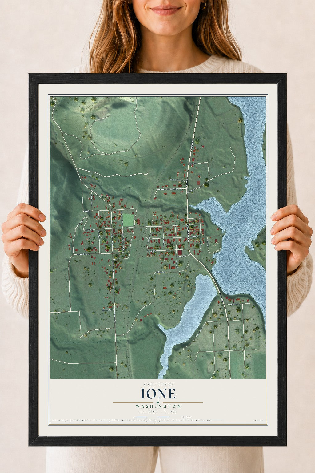 Map of Ione, Washington, 18 x 24 inch print in a black wood frame