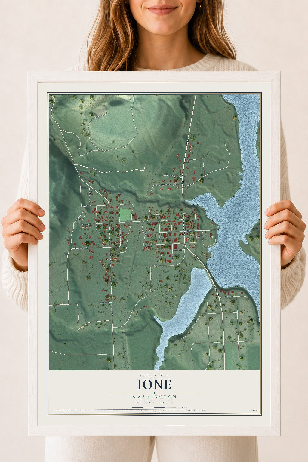 Map of Ione, Washington, 18 x 24 inch print in a white wood frame
