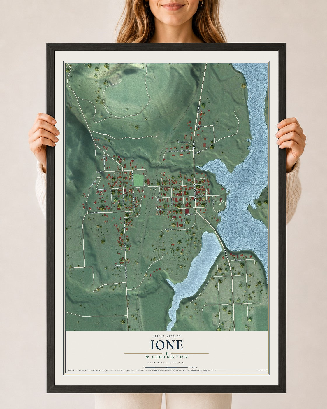 Map of Ione, Washington, 24 x 36 inch print in a black wood frame