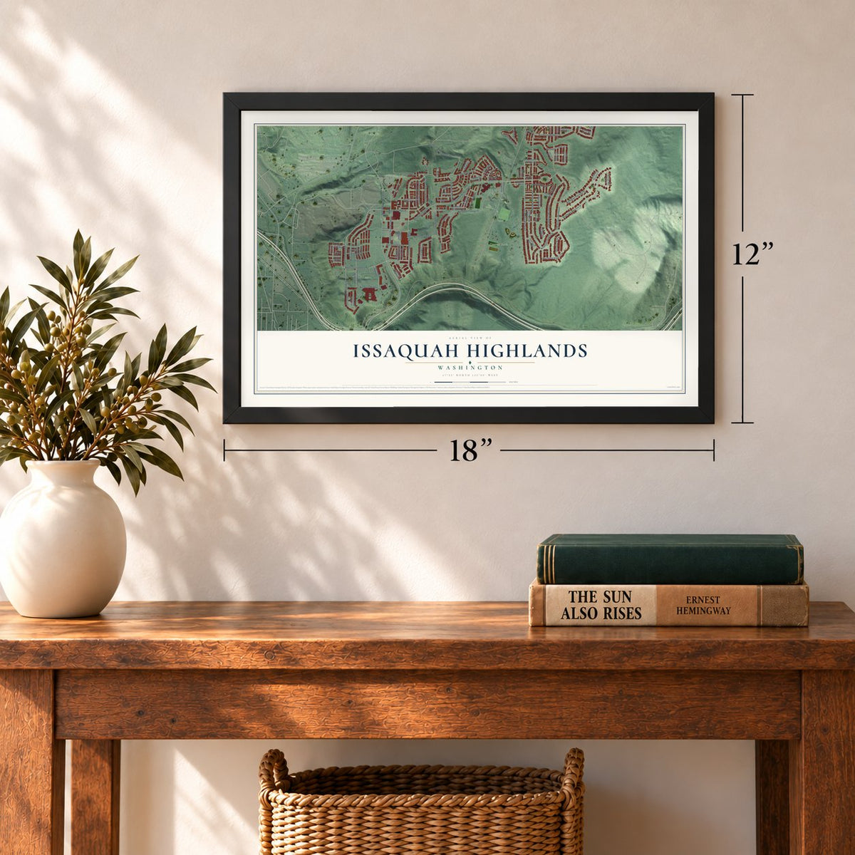 Issaquah Highlands, Washington map, 12 x 18 inch print in a black frame in an entryway