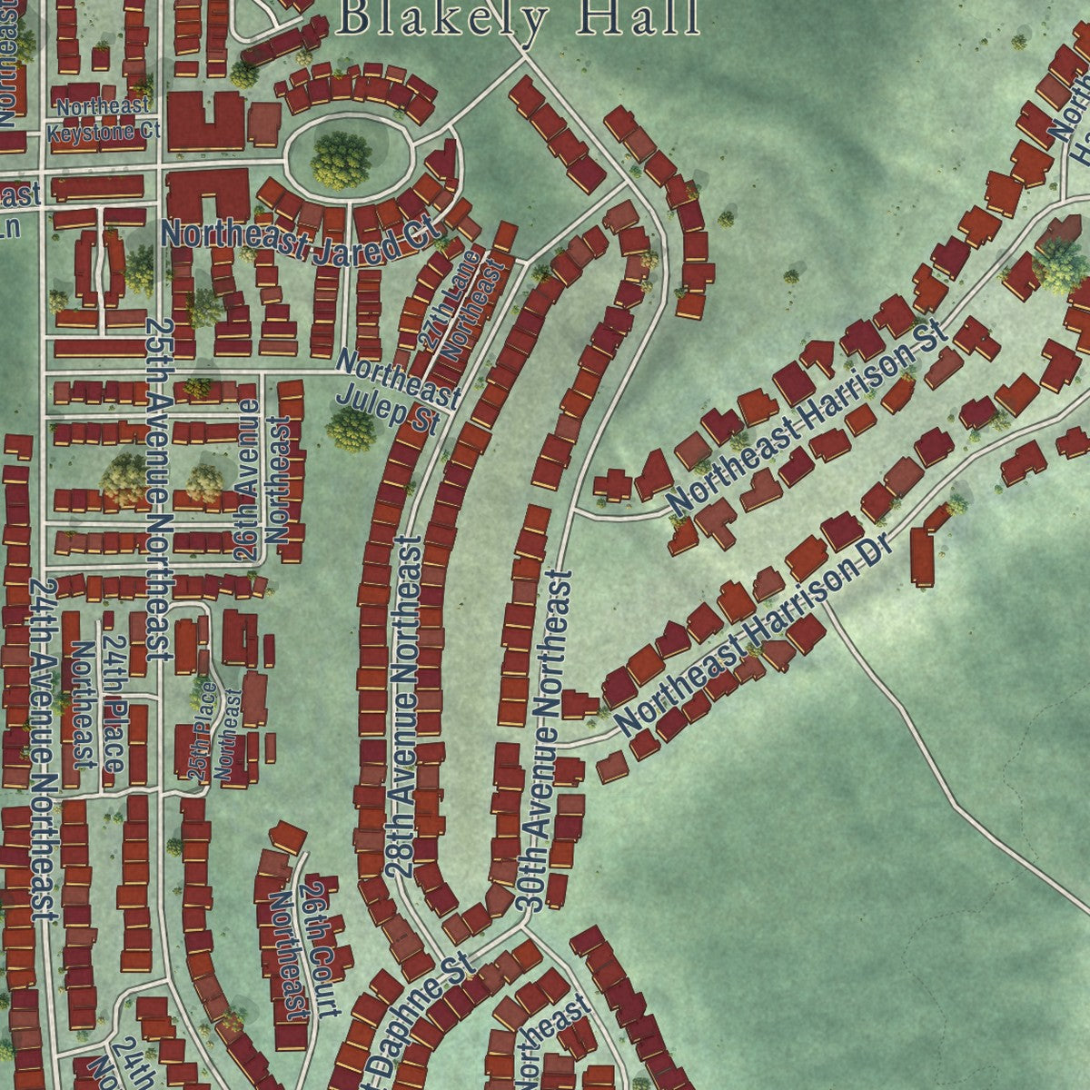 Close-up of the map of Issaquah Highlands, Washington print showing street and building detail