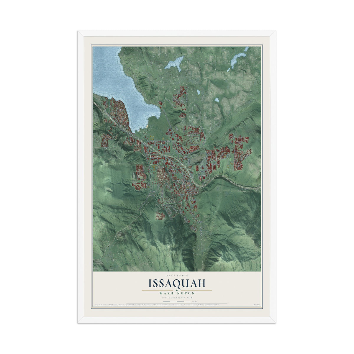 Map of Issaquah, Washington, 12 x 18 inch print in a white wood frame