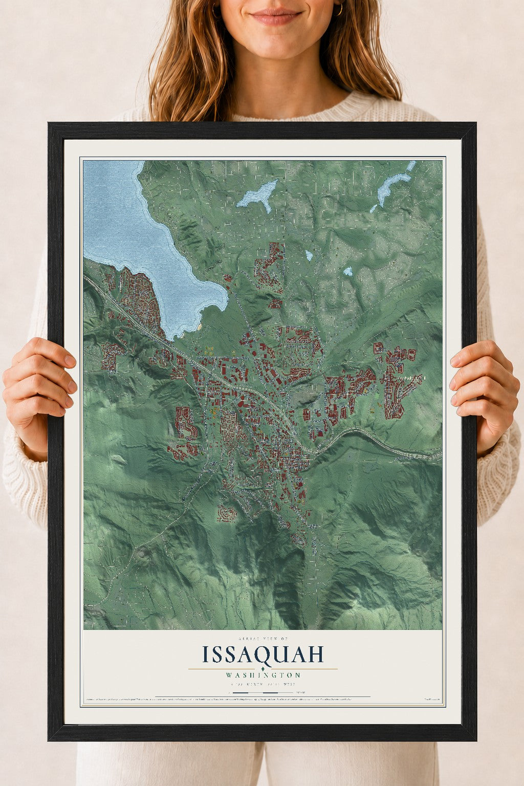 Map of Issaquah, Washington, 18 x 24 inch print in a black wood frame