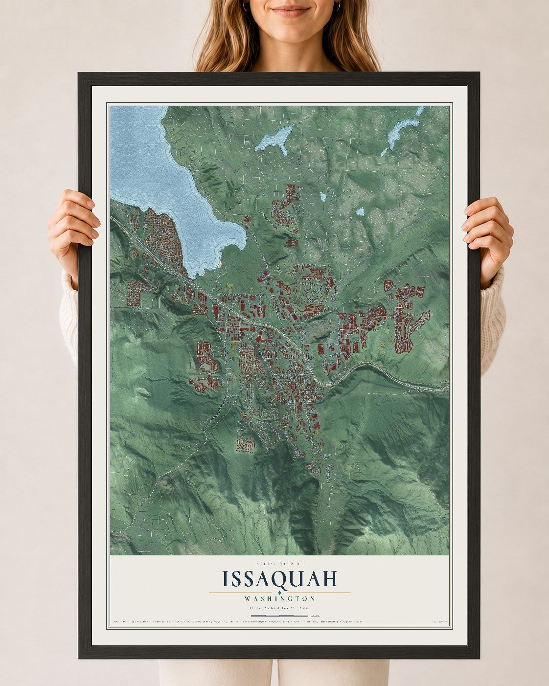 Map of Issaquah, Washington, 24 x 36 inch print in a black wood frame