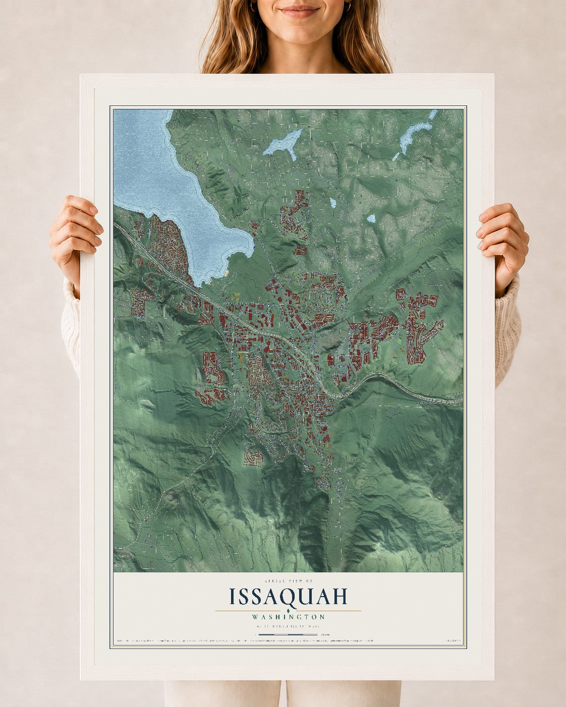 Map of Issaquah, Washington, 24 x 36 inch print in a white wood frame
