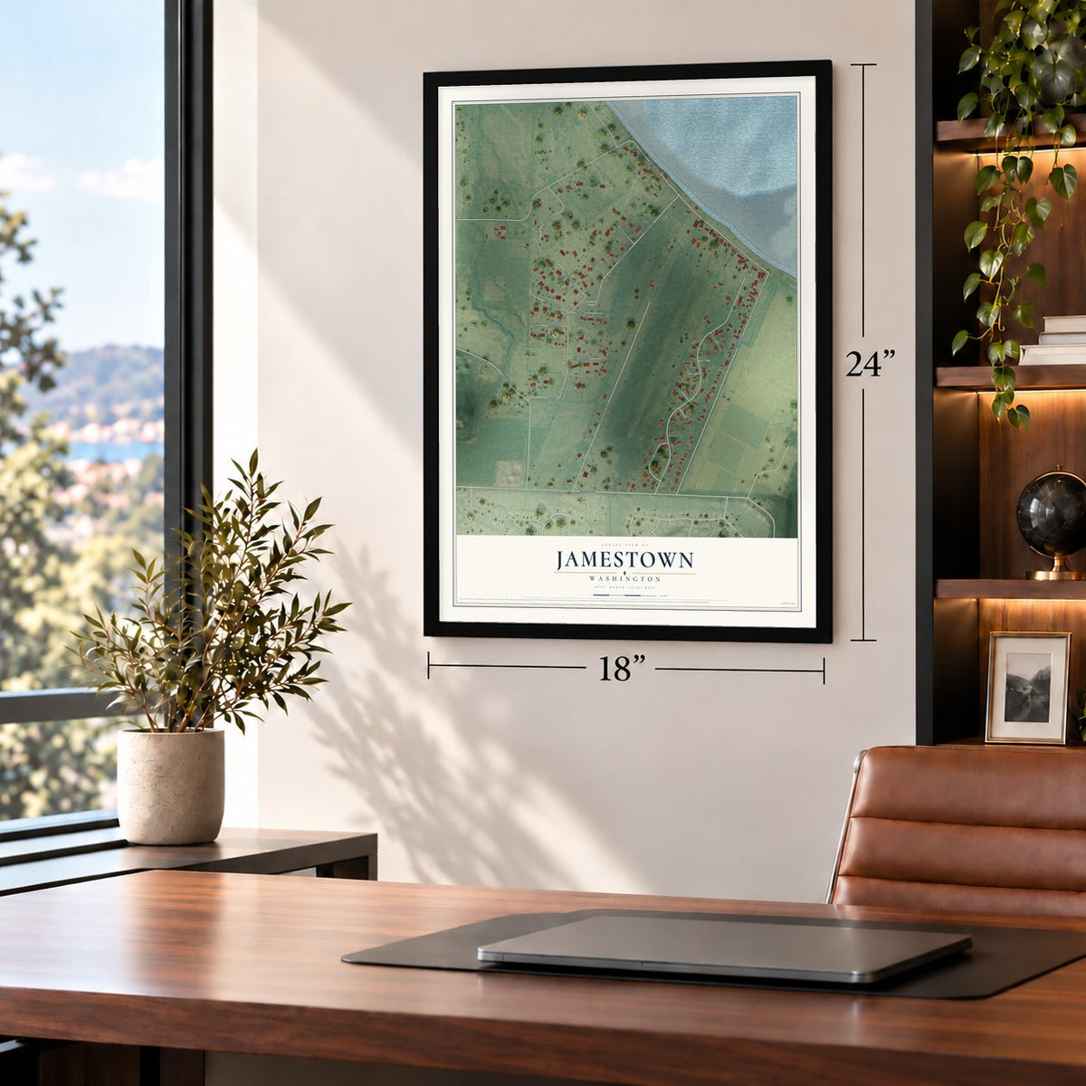 Jamestown, Washington map, 18 x 24 inch print in a black frame in a home office