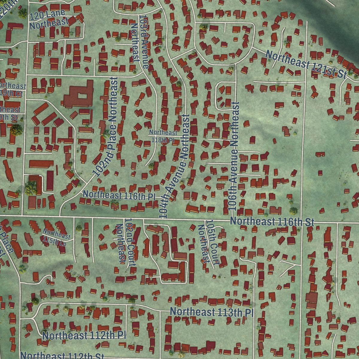 Close-up of the map of Juanita, Washington print showing street and building detail