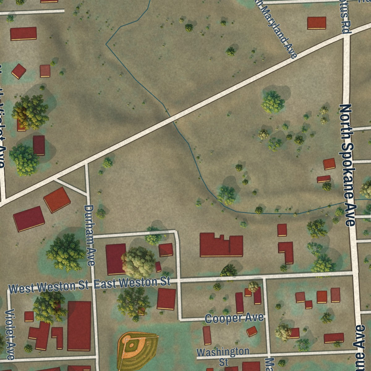 Close-up of the map of Kahlotus, Washington print showing street and building detail