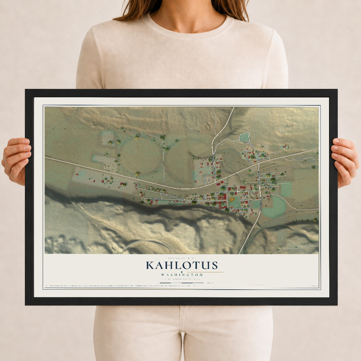 Map of Kahlotus, Washington, 12 x 18 inch print in a black wood frame