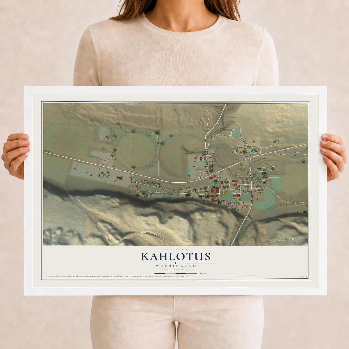 Map of Kahlotus, Washington, 12 x 18 inch print in a white wood frame