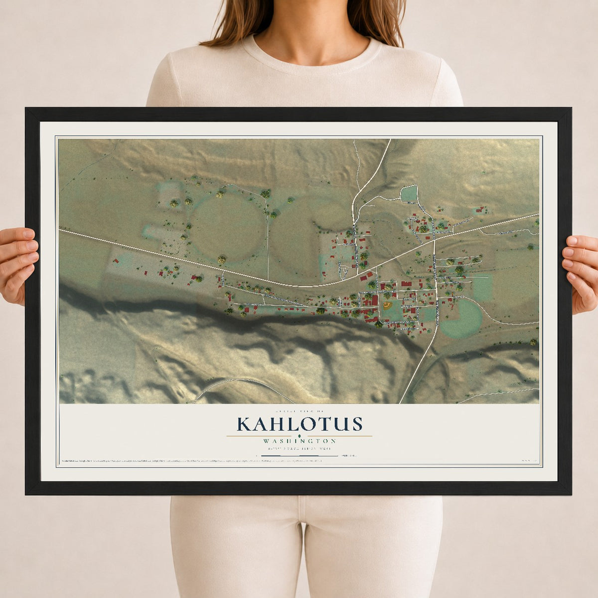 Map of Kahlotus, Washington, 18 x 24 inch print in a black wood frame