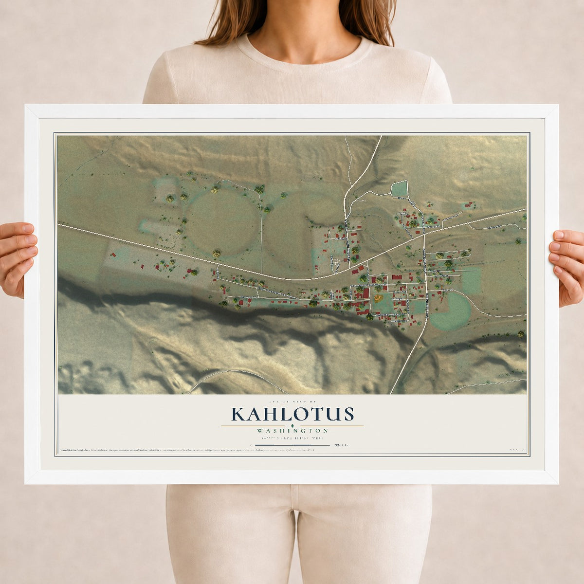 Map of Kahlotus, Washington, 18 x 24 inch print in a white wood frame