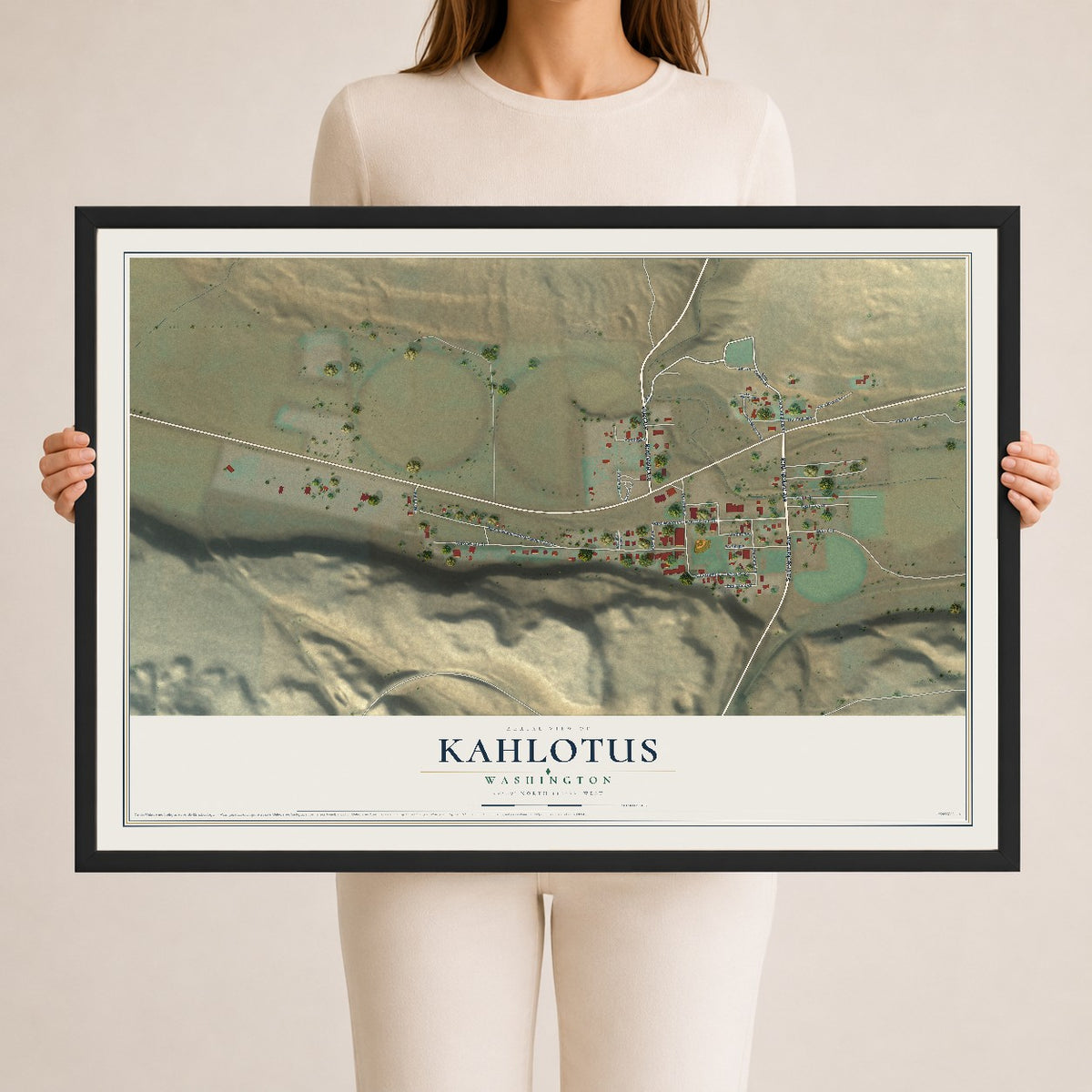 Map of Kahlotus, Washington, 24 x 36 inch print in a black wood frame