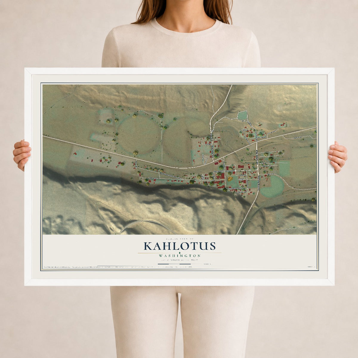Map of Kahlotus, Washington, 24 x 36 inch print in a white wood frame