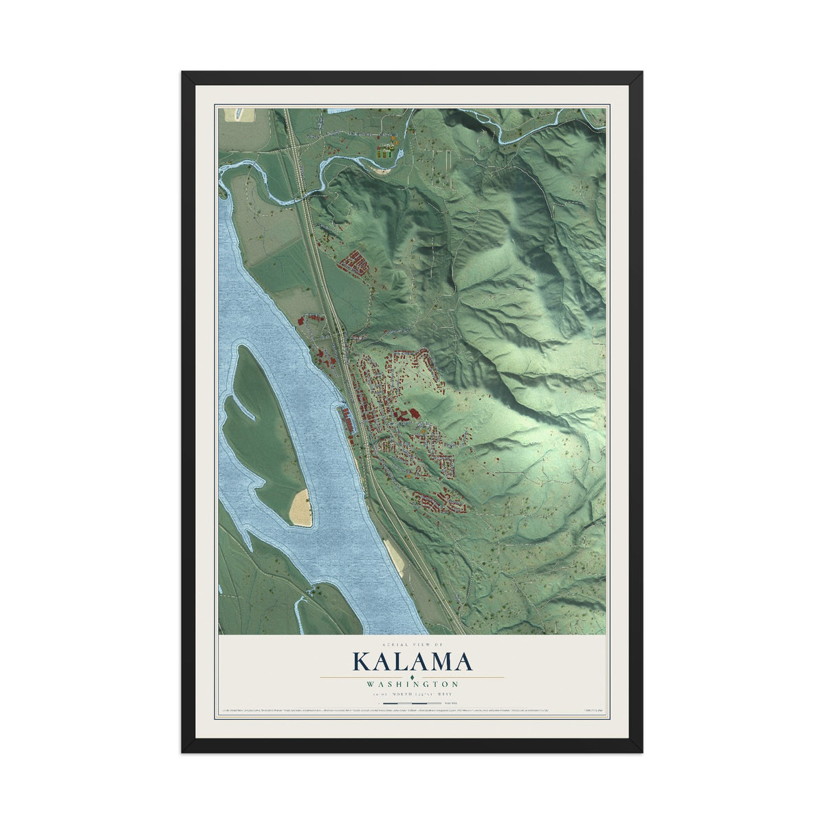Map of Kalama, Washington, 12 x 18 inch print in a black wood frame