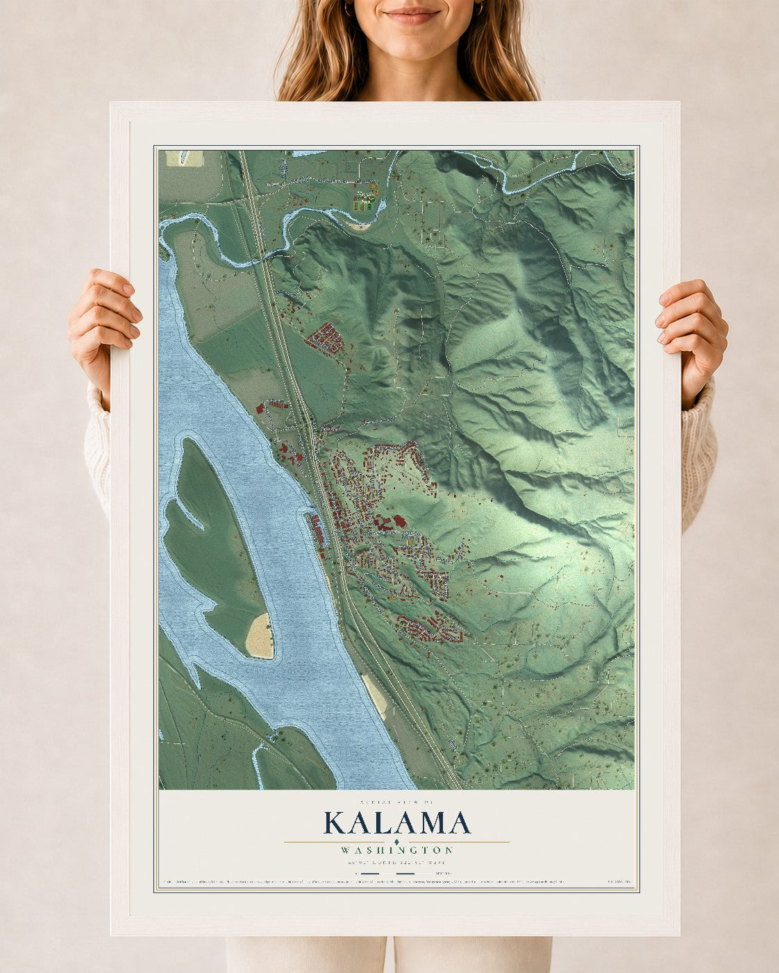 Map of Kalama, Washington, 24 x 36 inch print in a white wood frame