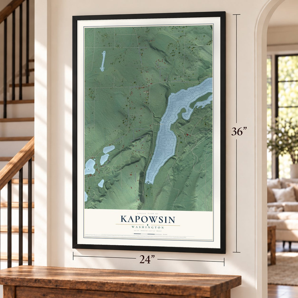 Kapowsin, Washington map, 24 x 36 inch print in a black frame by a staircase
