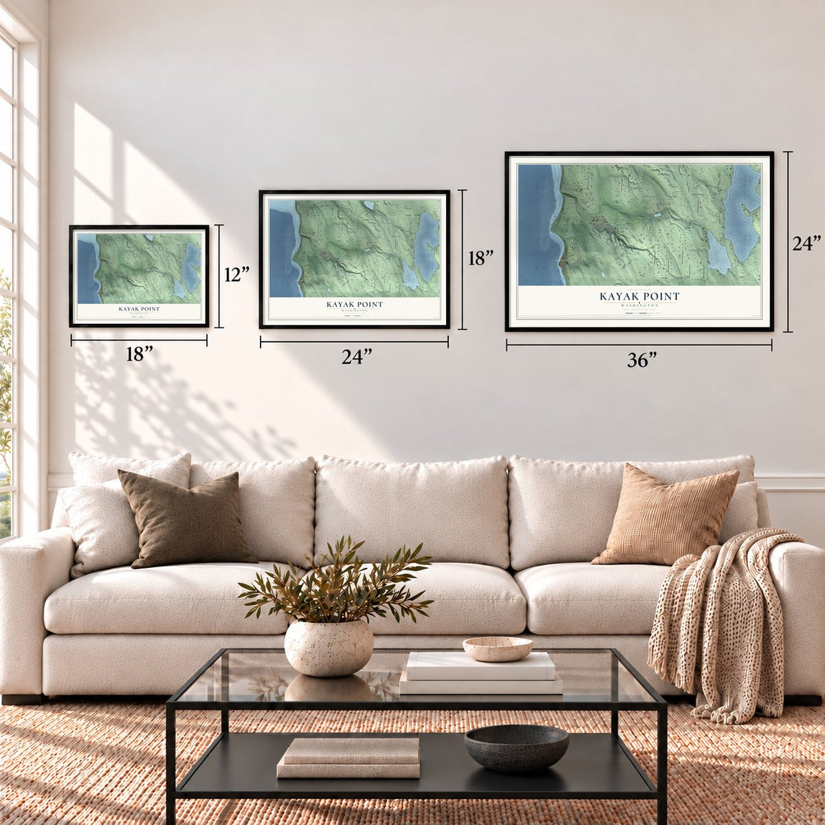 Kayak Point, Washington map in 12 x 18, 18 x 24 and 24 x 36 inch sizes above a sofa