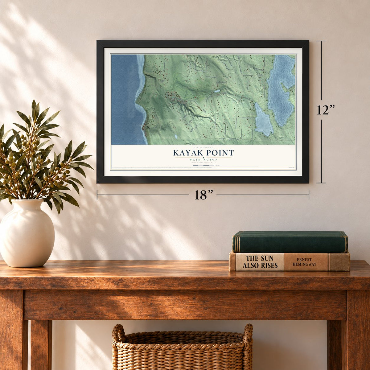 Kayak Point, Washington map, 12 x 18 inch print in a black frame in an entryway