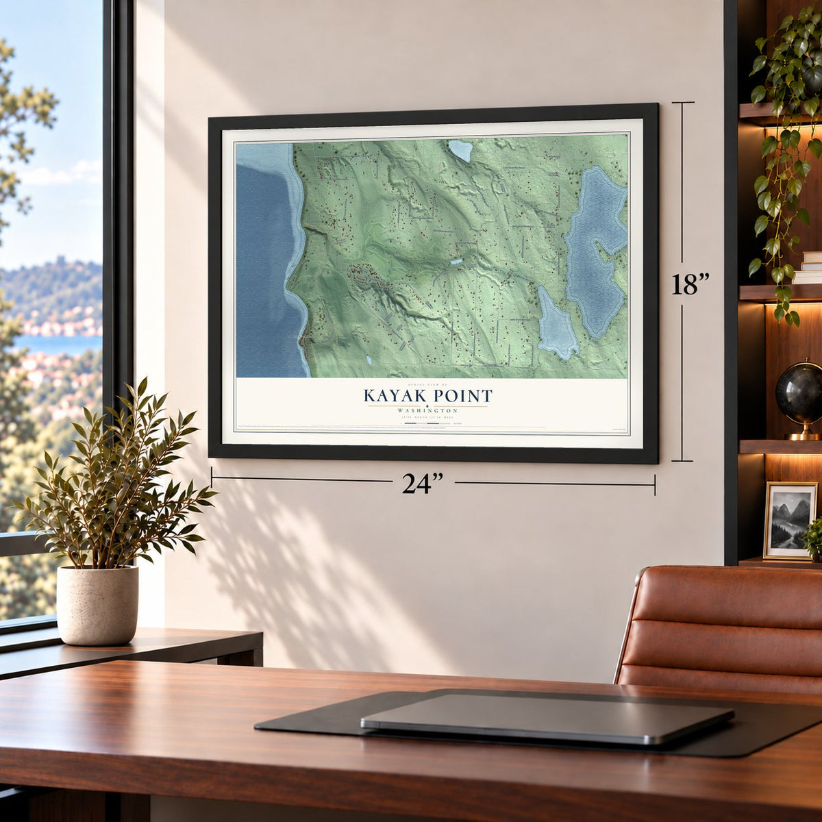 Kayak Point, Washington map, 18 x 24 inch print in a black frame in a home office
