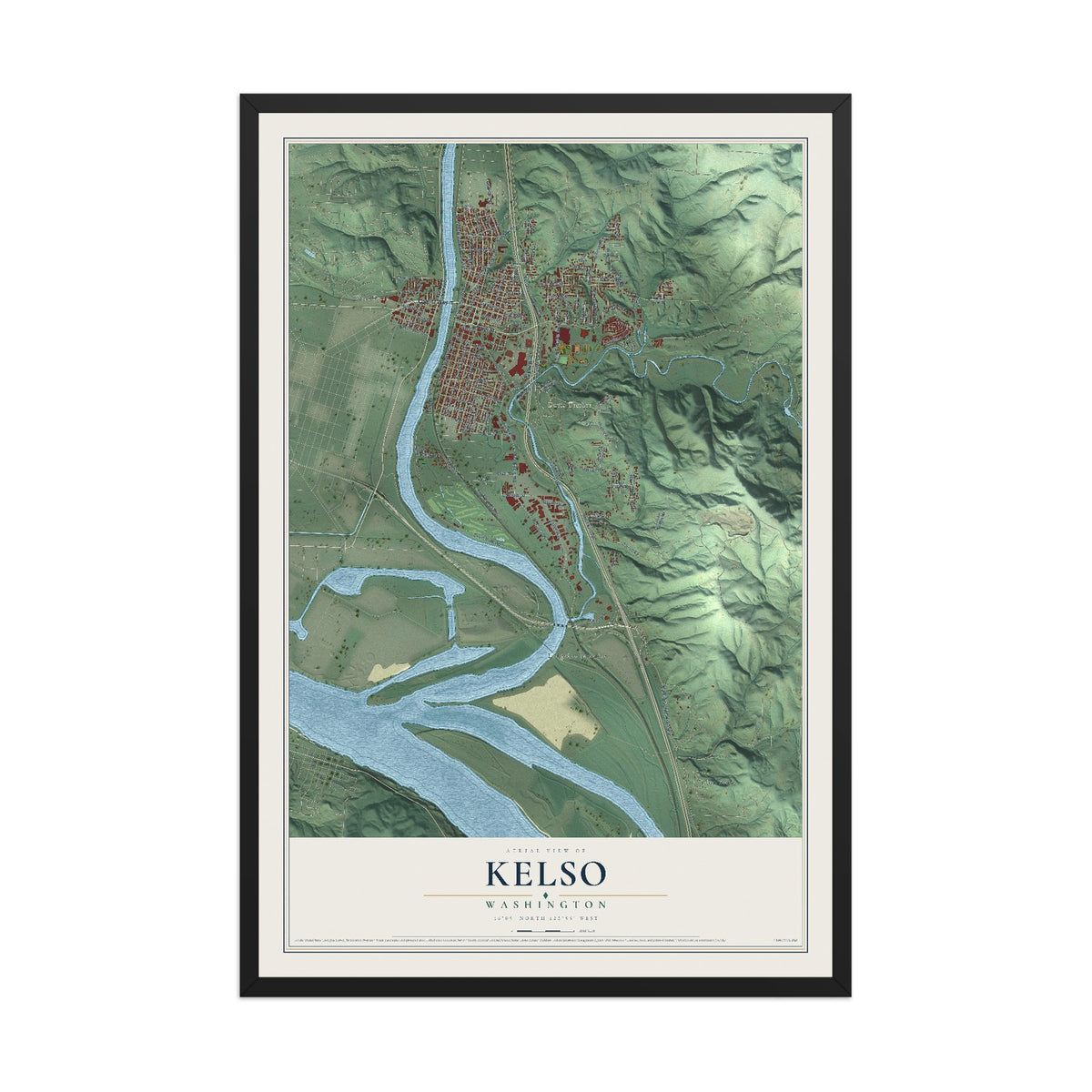 Map of Kelso, Washington, 12 x 18 inch print in a black wood frame