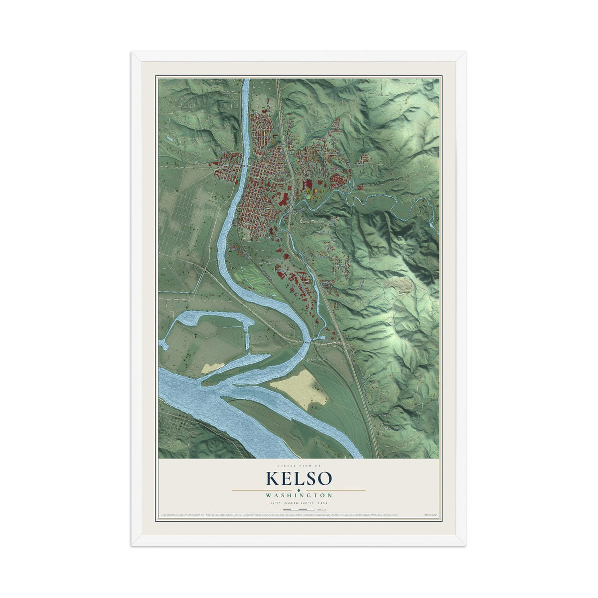 Map of Kelso, Washington, 12 x 18 inch print in a white wood frame