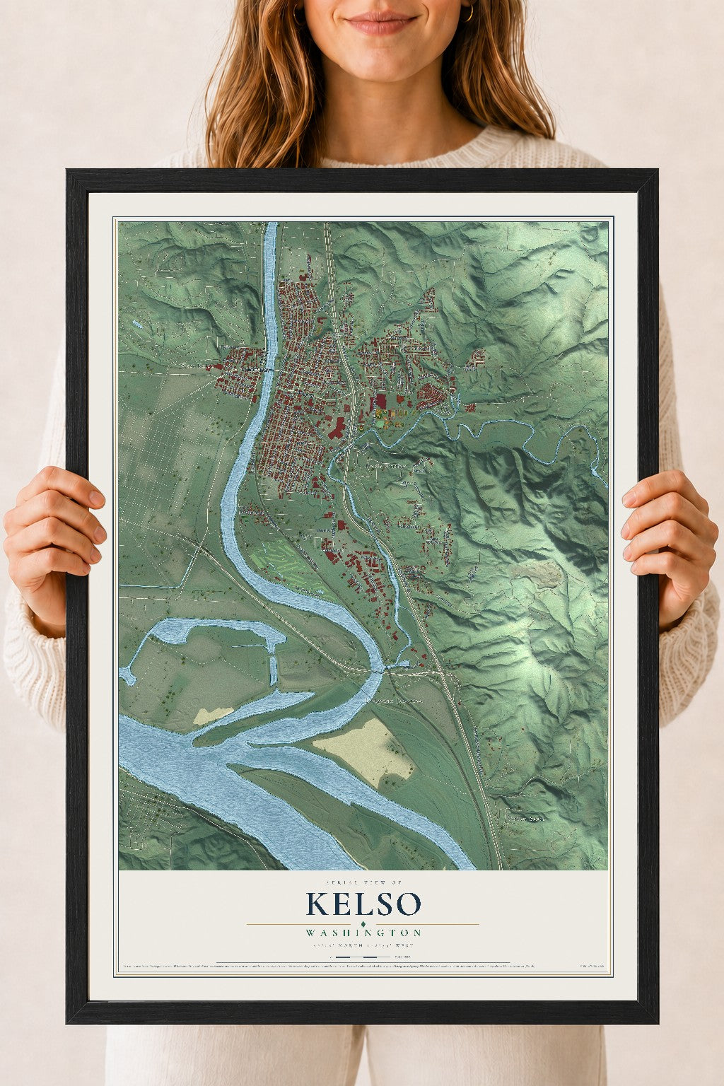 Map of Kelso, Washington, 18 x 24 inch print in a black wood frame