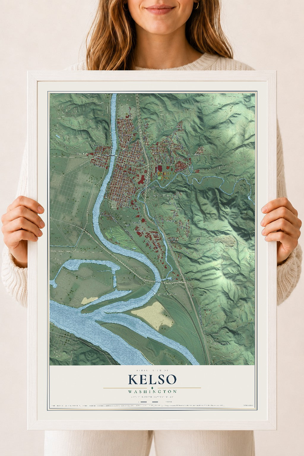 Map of Kelso, Washington, 18 x 24 inch print in a white wood frame