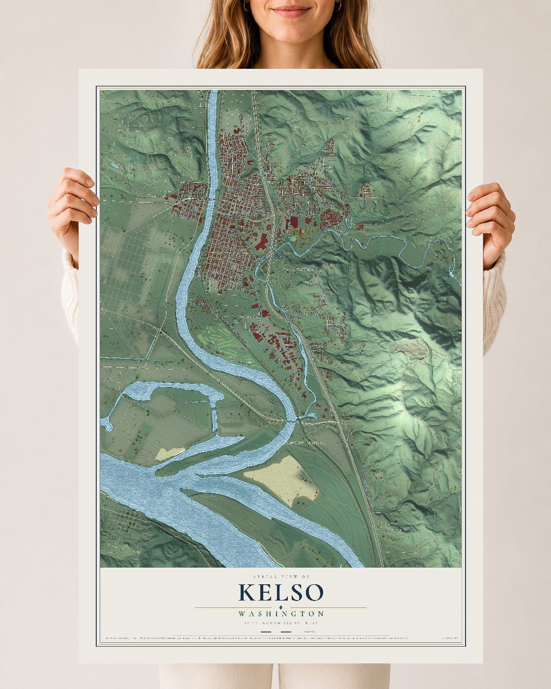 Map of Kelso, Washington, 24 x 36 inch unframed archival matte print