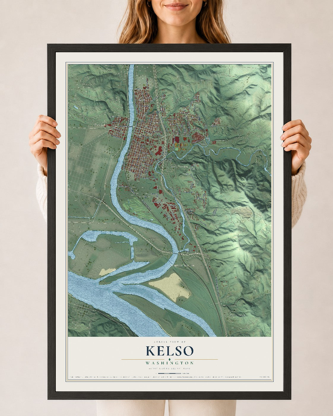 Map of Kelso, Washington, 24 x 36 inch print in a black wood frame