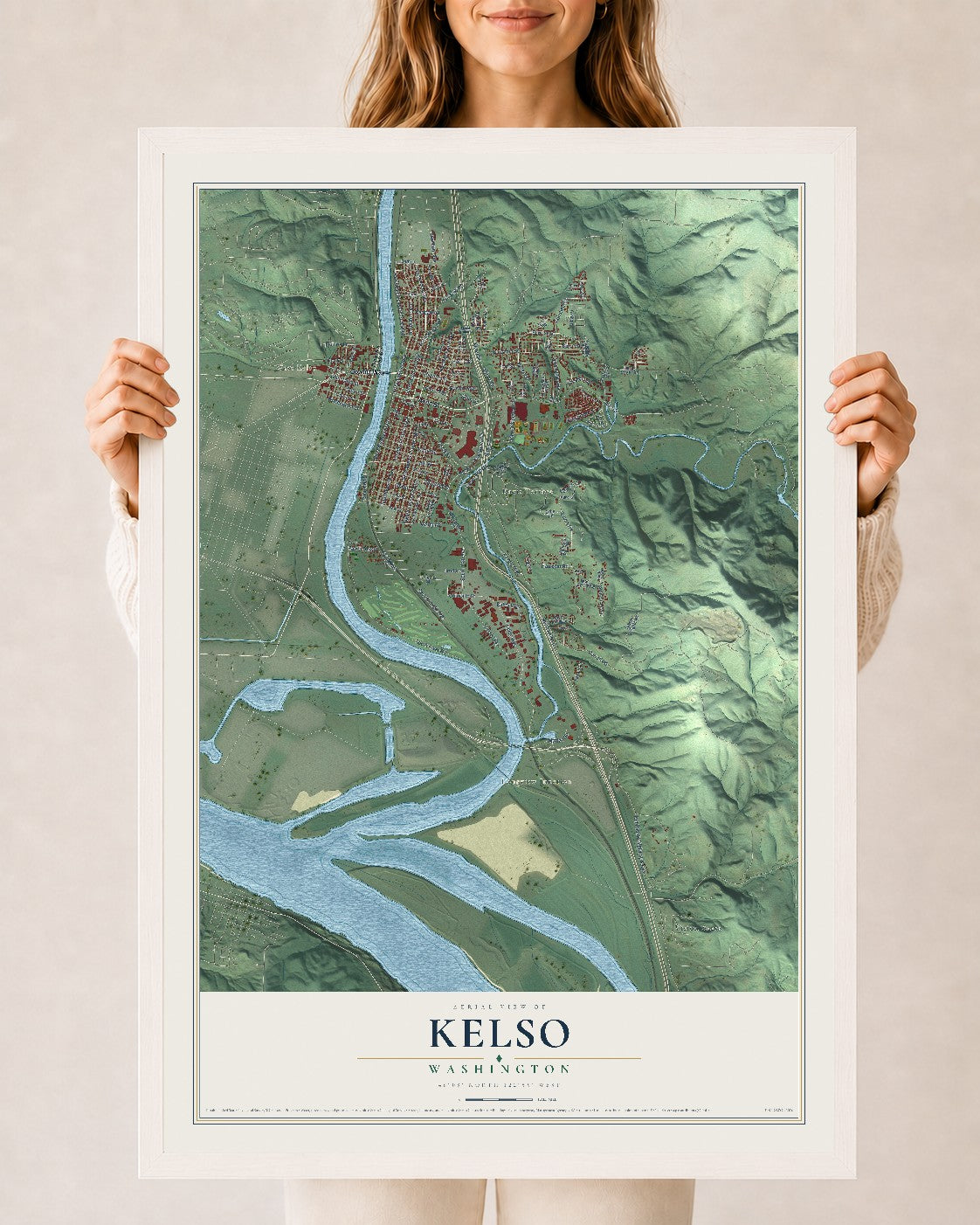 Map of Kelso, Washington, 24 x 36 inch print in a white wood frame