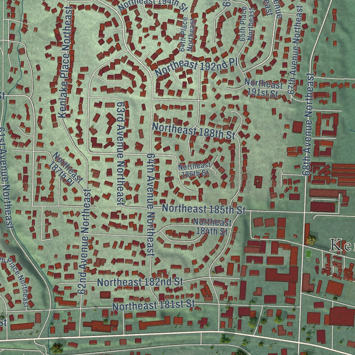 Close-up of the map of Kenmore, Washington print showing street and building detail