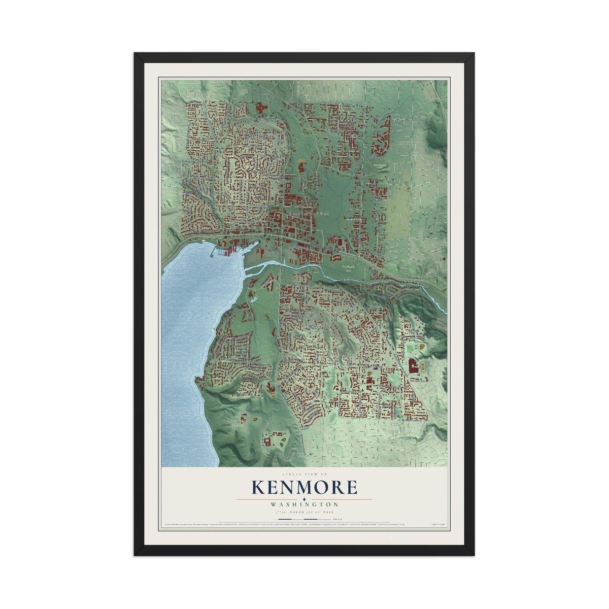 Map of Kenmore, Washington, 12 x 18 inch print in a black wood frame