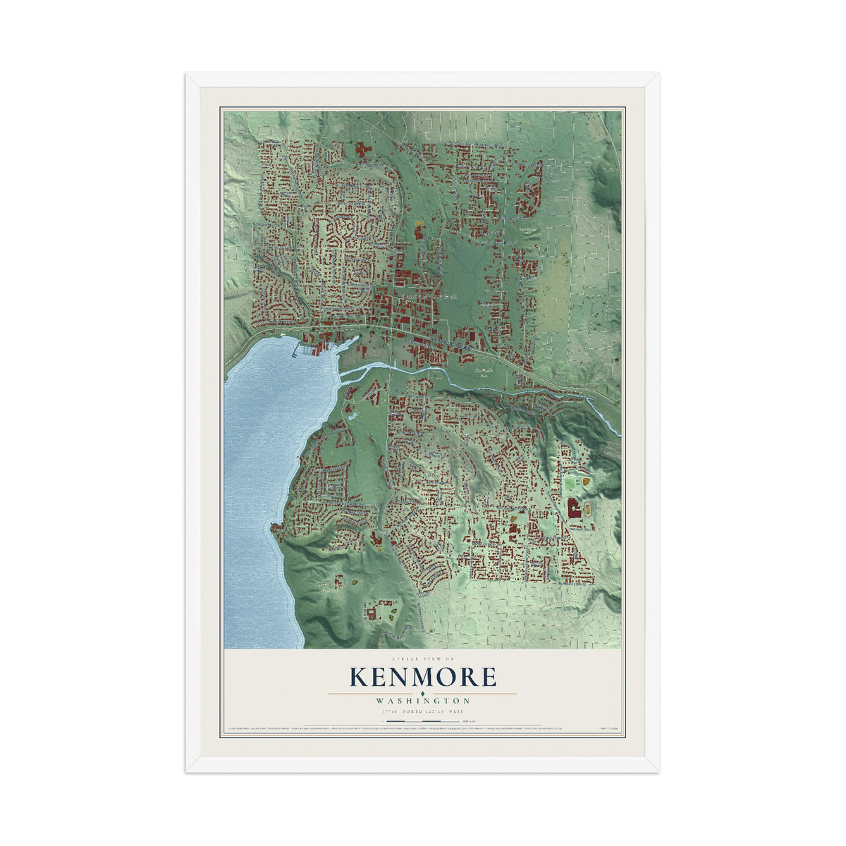 Map of Kenmore, Washington, 12 x 18 inch print in a white wood frame