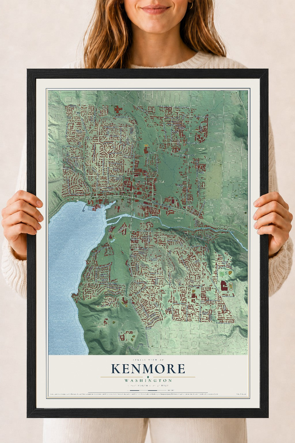 Map of Kenmore, Washington, 18 x 24 inch print in a black wood frame