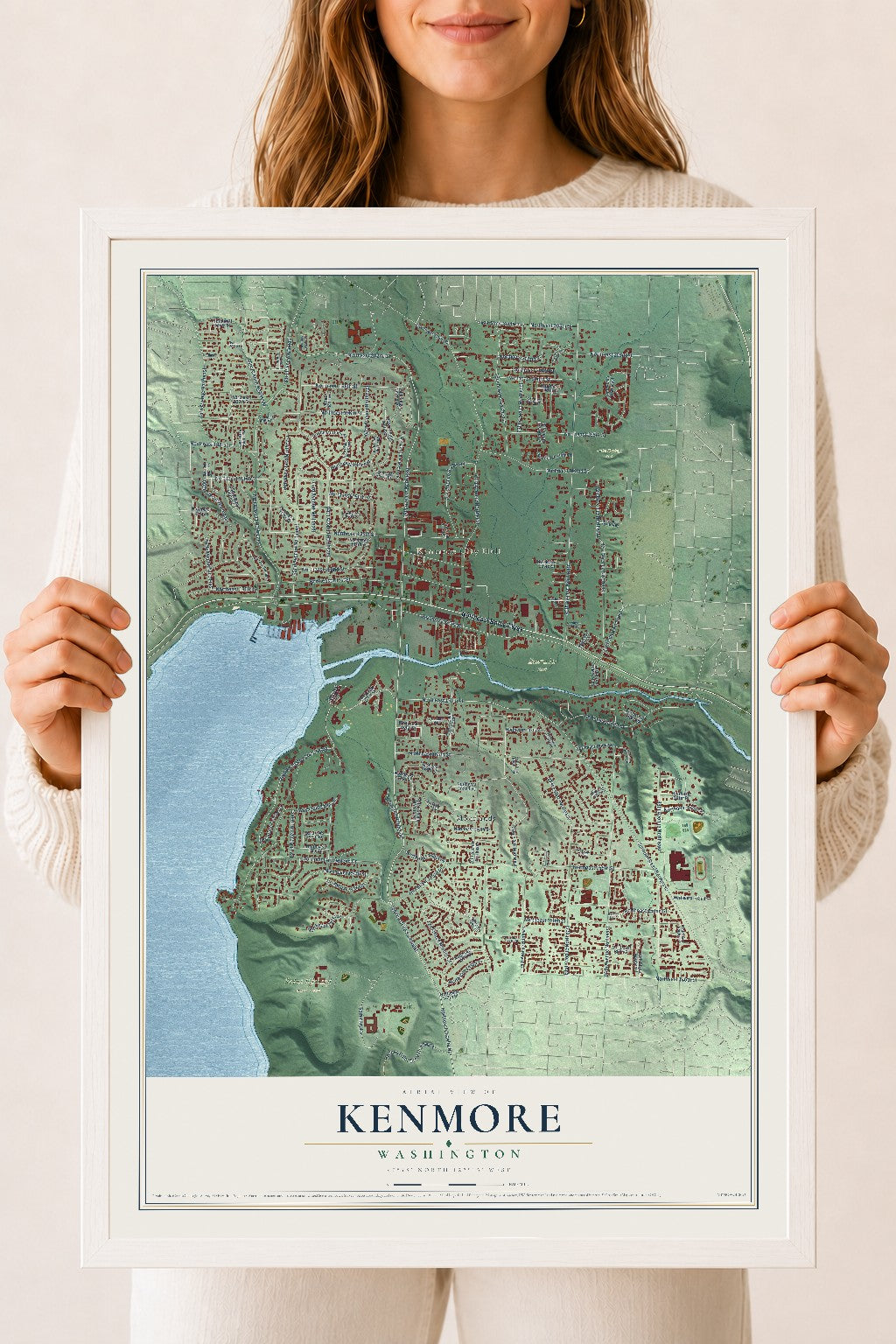 Map of Kenmore, Washington, 18 x 24 inch print in a white wood frame