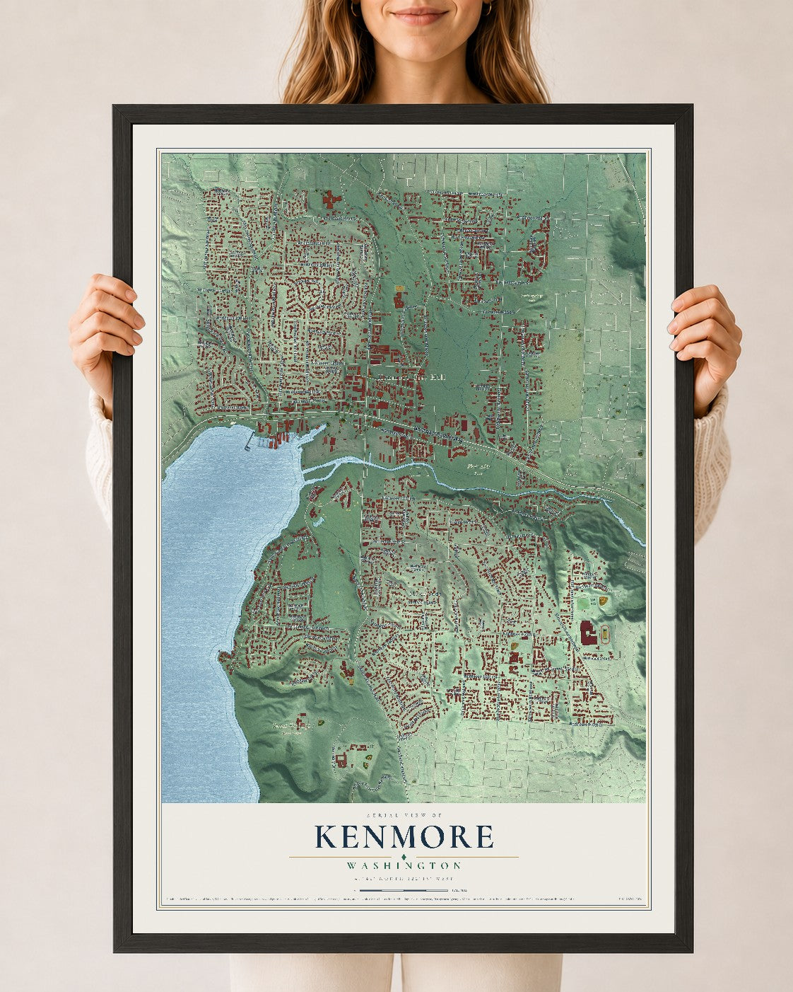 Map of Kenmore, Washington, 24 x 36 inch print in a black wood frame