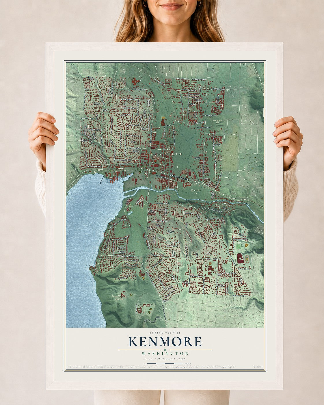 Map of Kenmore, Washington, 24 x 36 inch print in a white wood frame
