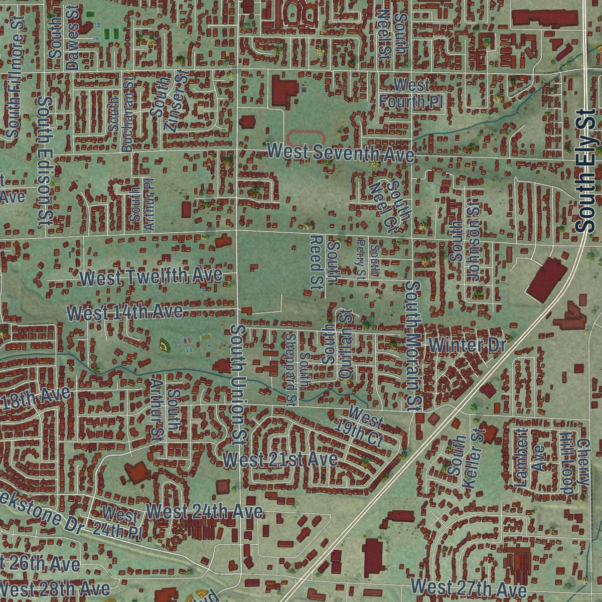 Second close-up of the map of Kennewick, Washington print showing more streets and buildings