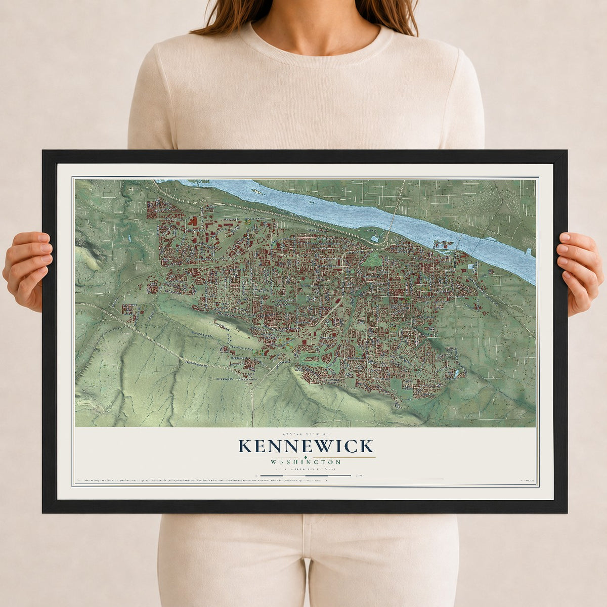 Map of Kennewick, Washington, 12 x 18 inch print in a black wood frame