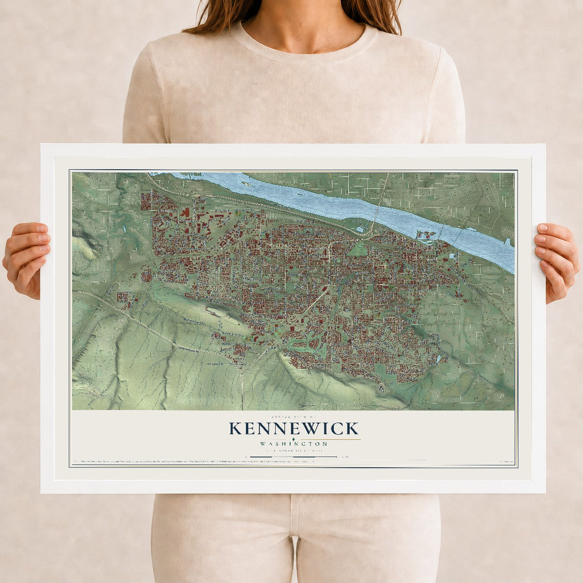 Map of Kennewick, Washington, 12 x 18 inch print in a white wood frame