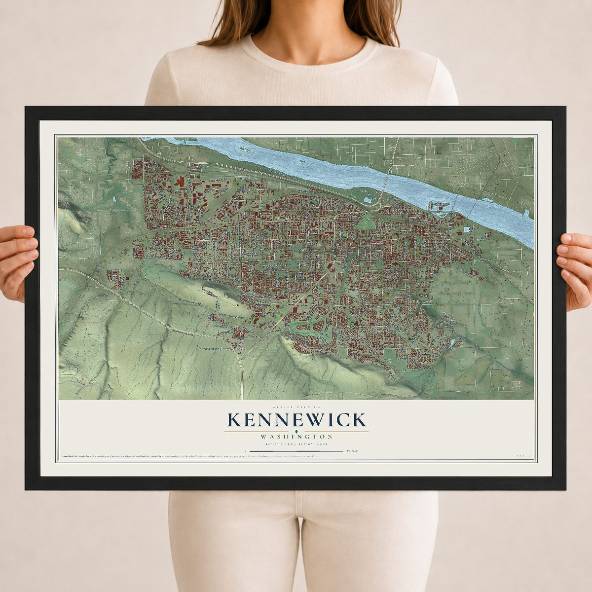 Map of Kennewick, Washington, 18 x 24 inch print in a black wood frame