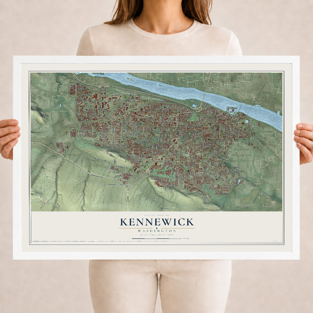 Map of Kennewick, Washington, 18 x 24 inch print in a white wood frame