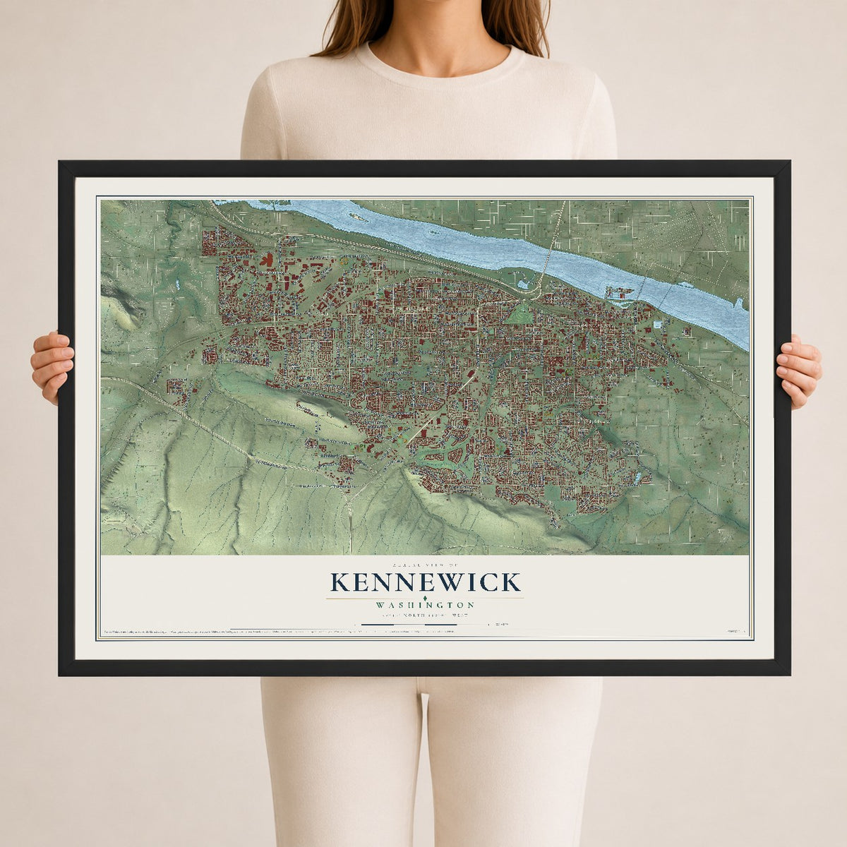 Map of Kennewick, Washington, 24 x 36 inch print in a black wood frame